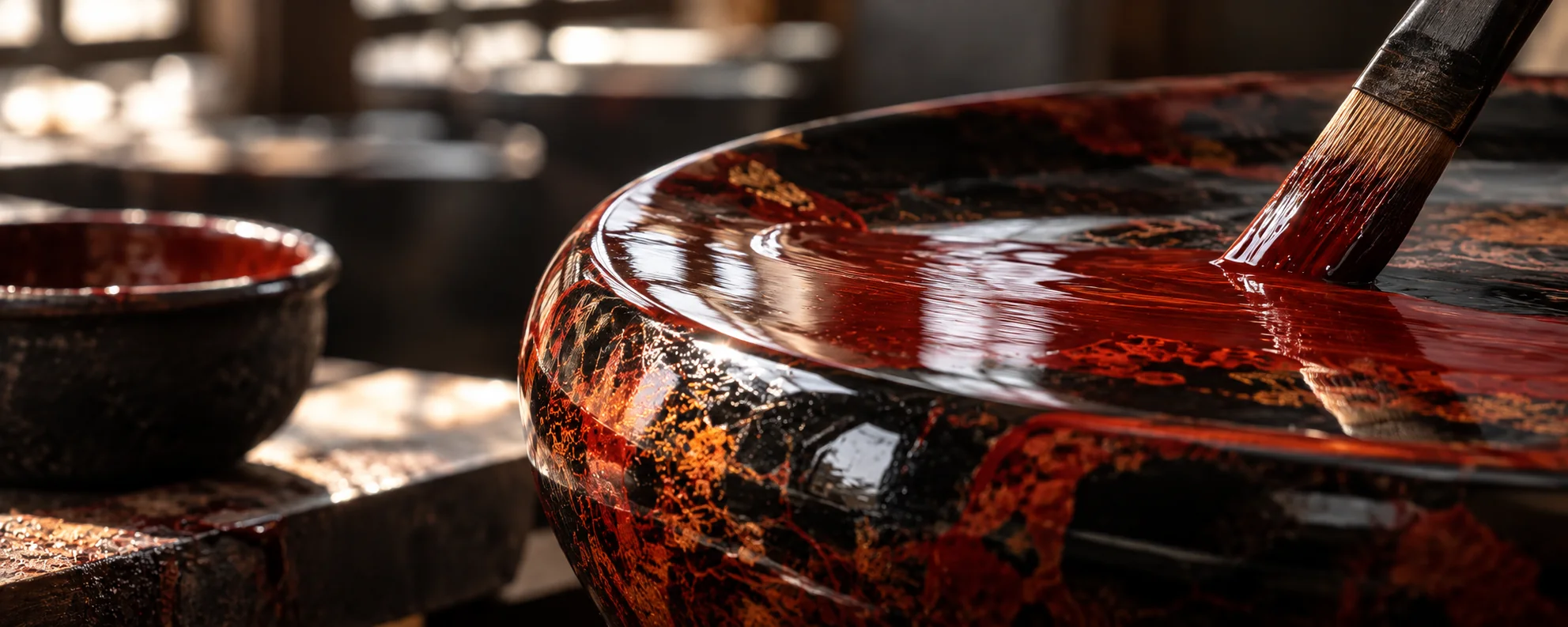 Lacquer-inspired craft detail with red and black surfaces being brushed by hand.
