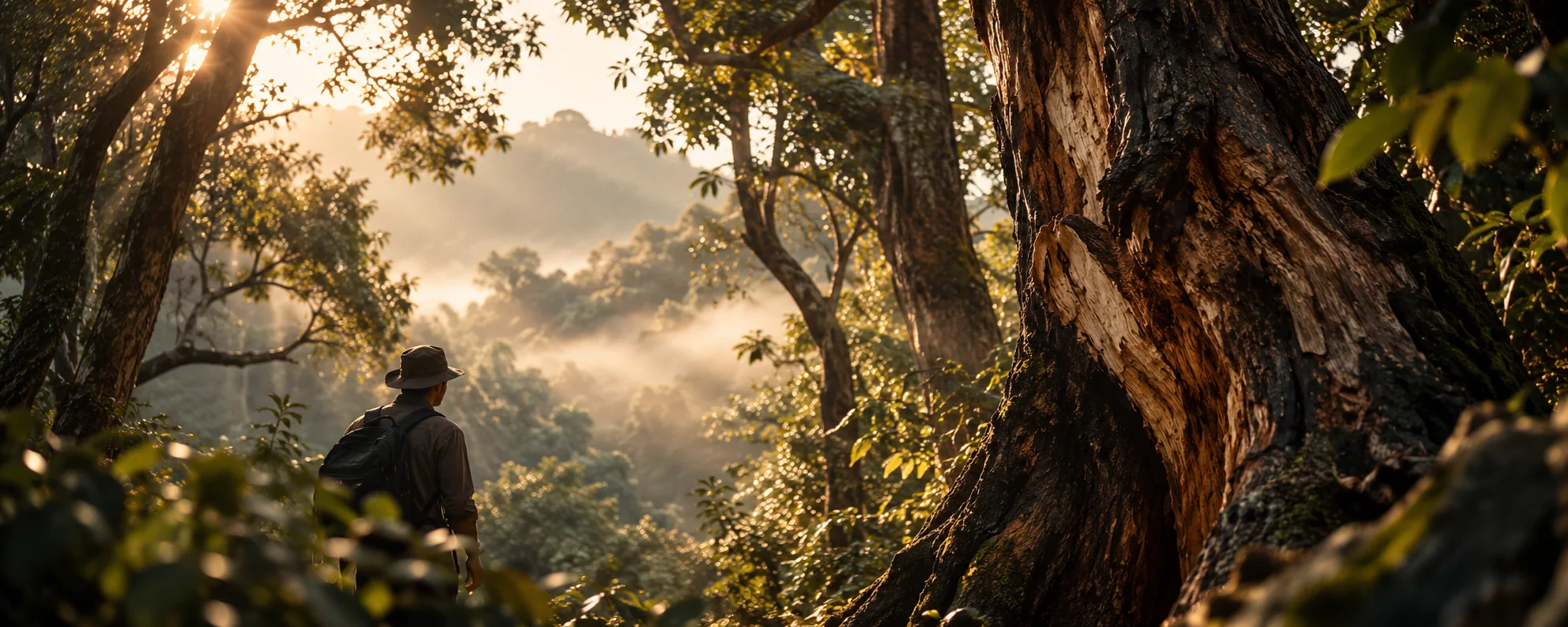 Conceptual forest scene for Xunxiangji, with a lone figure walking among trees in warm morning light.